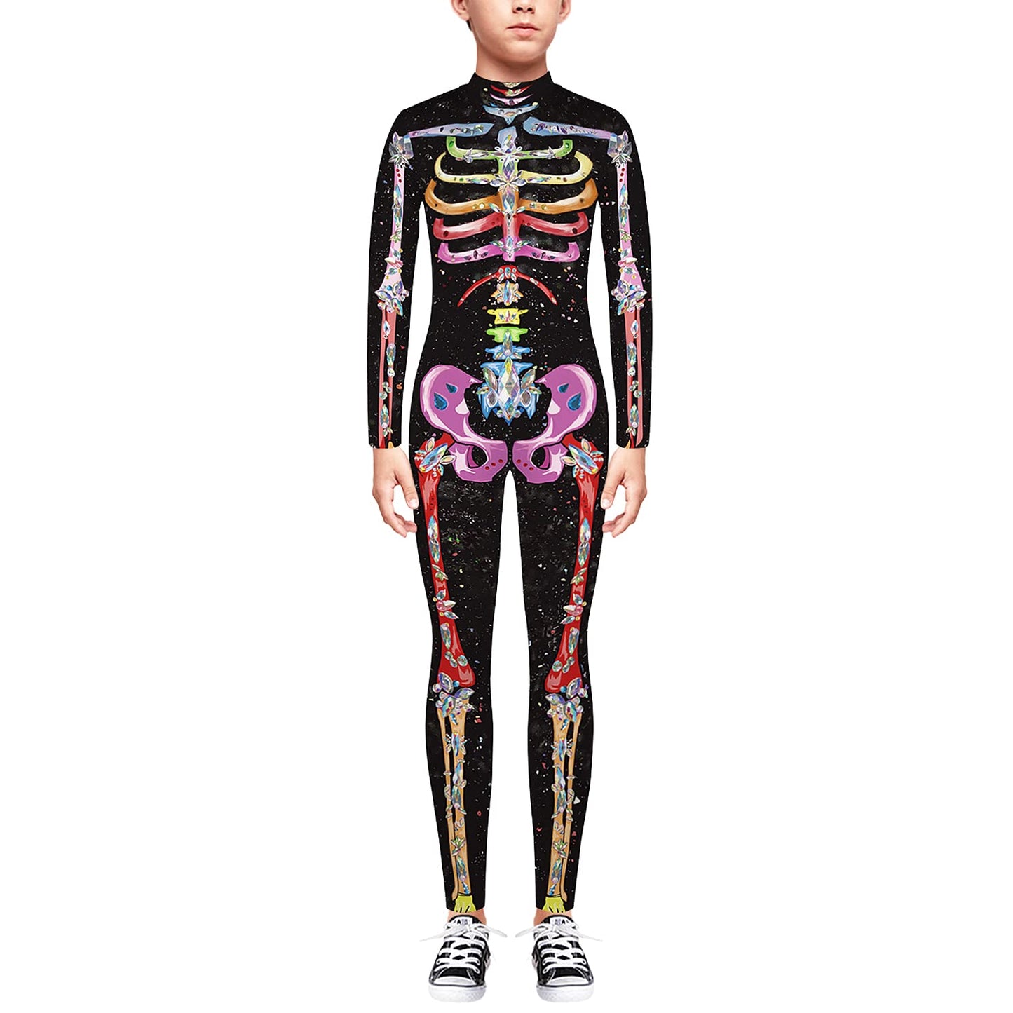 Remimi Boys Girl'S Skeleton Bodysuit Jumpsuit Long Sleeve Zip Back Black Zip Back Kids Halloween Costumes Multicolored Xl
