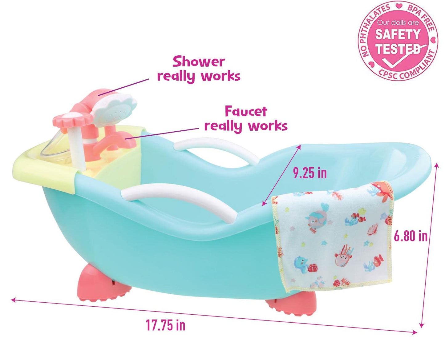 Jc Toys - For Keeps Playtime! | Baby Doll Real Working Bath Set | Fits Dolls Up To 16' | Shower And Faucet Really Work | Play Accessories | Ages 2+, Pink