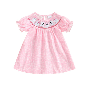 Toddler Girl Back To School Clothes Embroidery Smocked Dress Doll Collar Sundress First Day Of Pre Kindergarten Outfit (Ghost-Pi