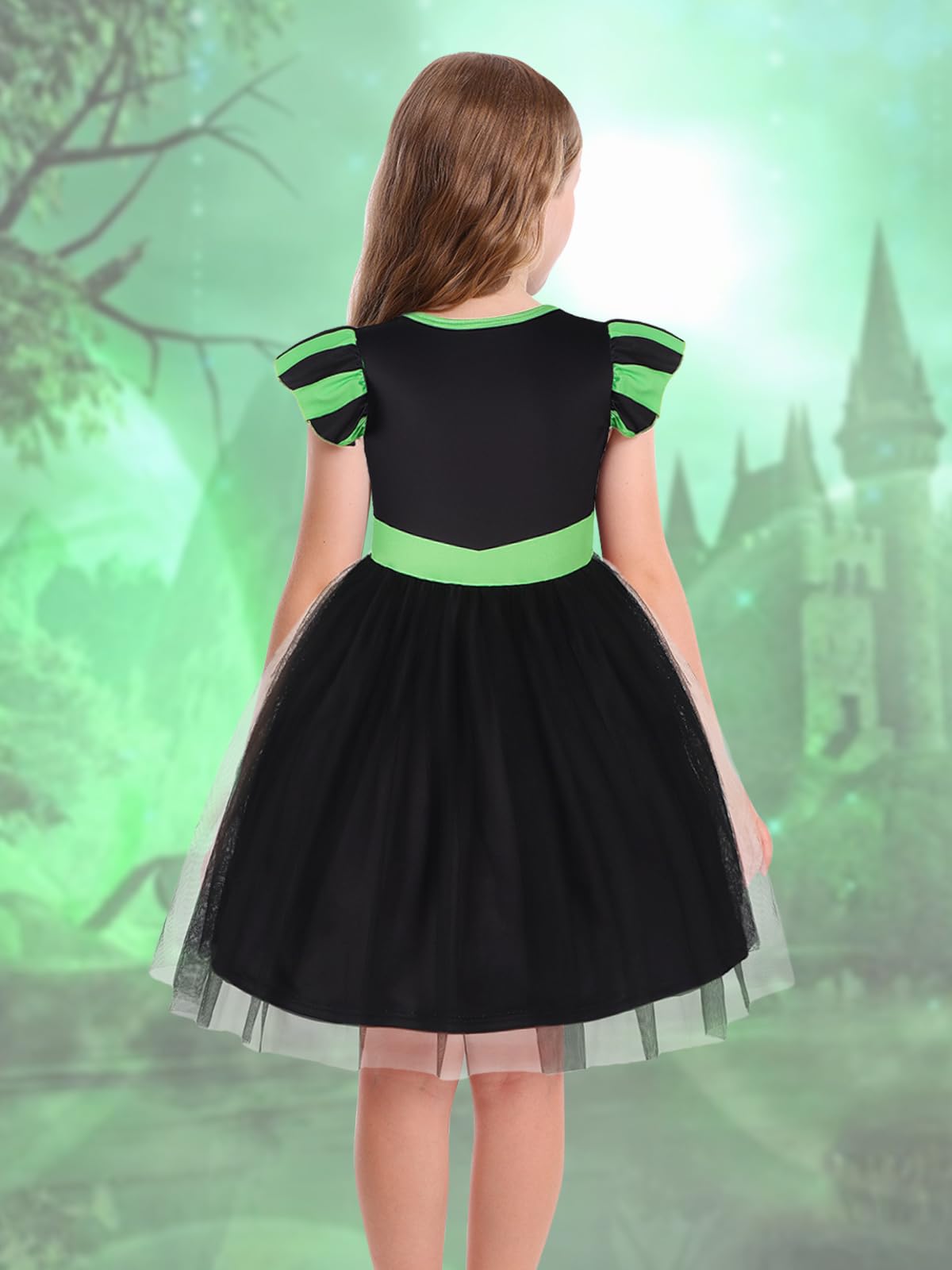 Marendyee Black Witch Costume Girls Halloween Toddler Kids Tulle Dresses Flutter Sleeve (5-6 Years)