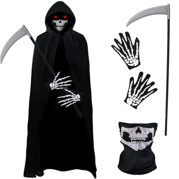 Kitimi Halloween Grim Reaper Costume Set  4 PCS Grim Reaper Hooded Cape with Skeleton Gloves  Grim Reaper Scythe