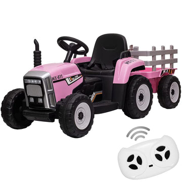 12V Kids Battery Powered Electric Tractor With Trailer, Toddler Ride On Car With Remote Control/ 7-Led Headlights/ 2+1 Gear Shift/Music Player/Usb Port For Kids 3-6 Years (Lightpink, 25W-Tread Tire)
