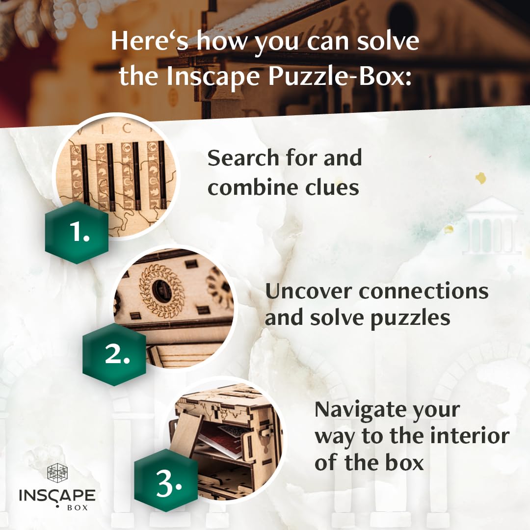 INSCAPE Caesars Riches Puzzle Box - Escape Room in A Box for mature-themeds - Cluebox - Mind Puzzles for mature-themeds - Puzzle Boxes with Hidden Compartments - Puzzle Boxes for mature-themeds - Wooden Puzzle Box