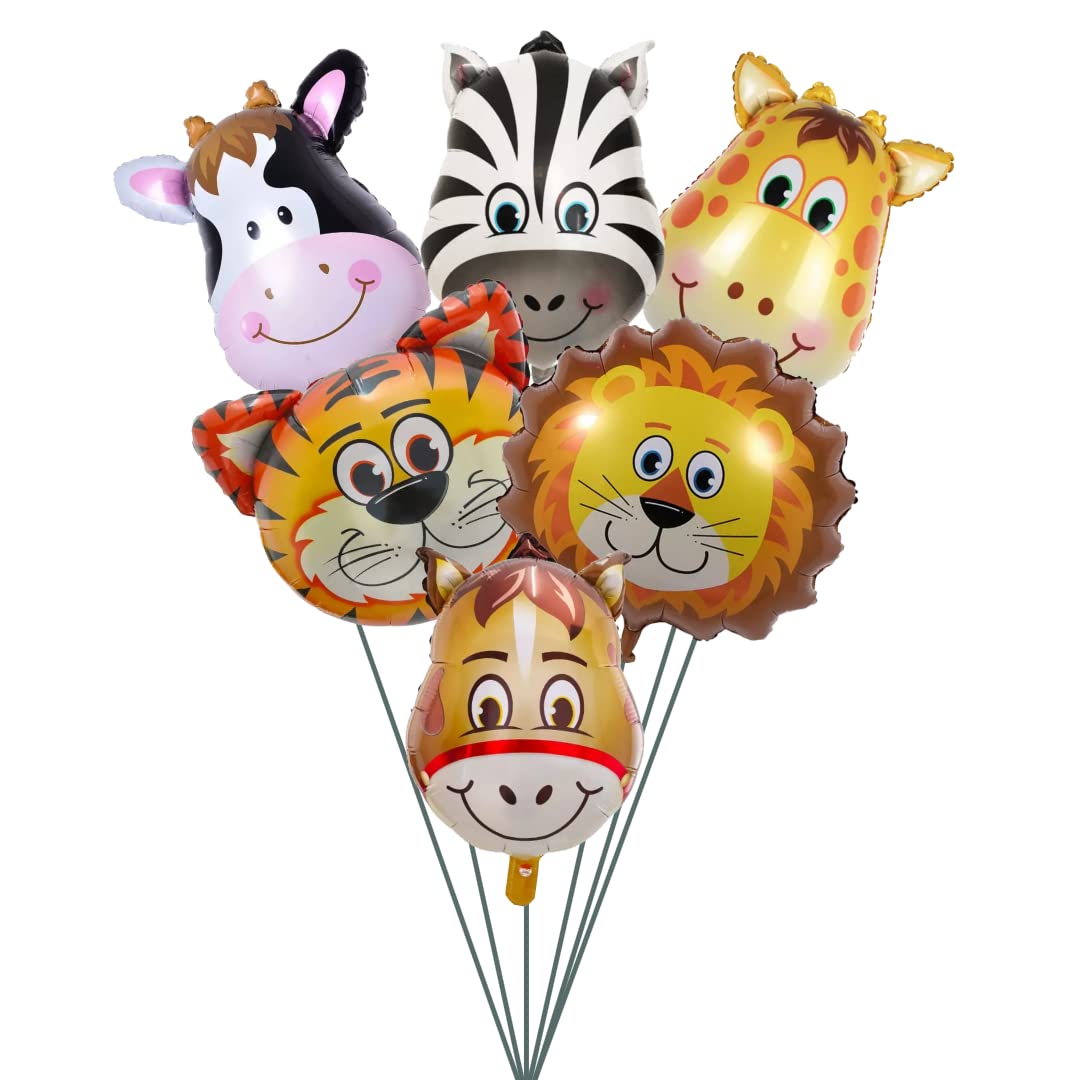 Party Decorz Jungle/Safari/Zoo Animal Theme Foil Balloon Set Of 6 Pcs (6pcs Animal Face Big Size Foil Balloon) For Kids Safari/Z