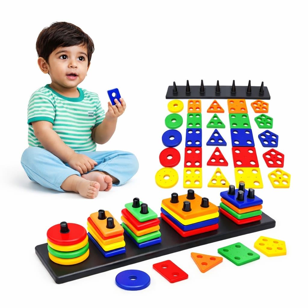 Dhootha Kids Educational Shape Sorting & Stacking Toy | Geometric Blocks Learning Board | Color & Shape Recognition Puzzle Toy F
