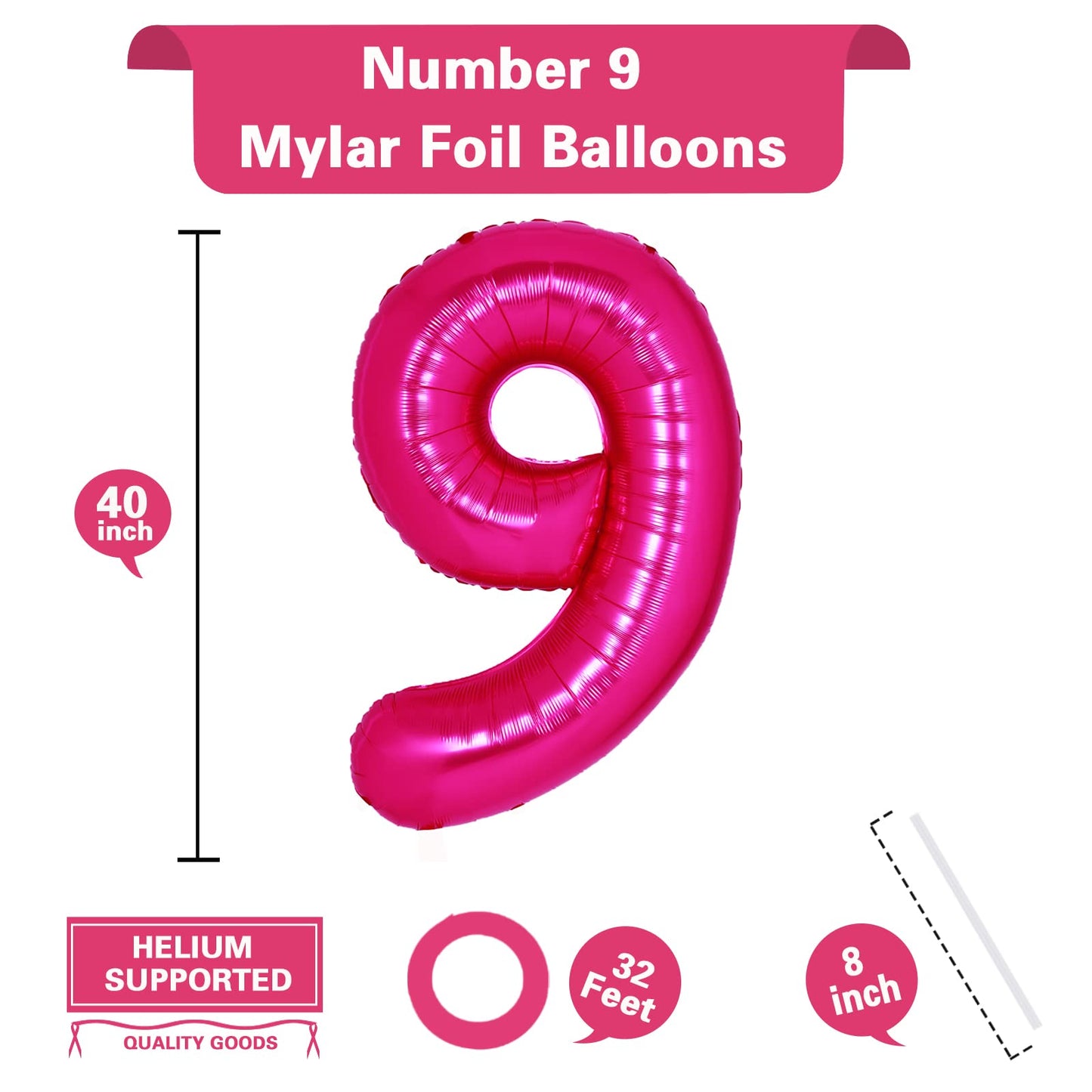 40 Inch Giant Hot Pink Number 9 Balloon, Helium Mylar Foil Number Balloons For Birthday Party, 9Th Birthday Decorations For Kids