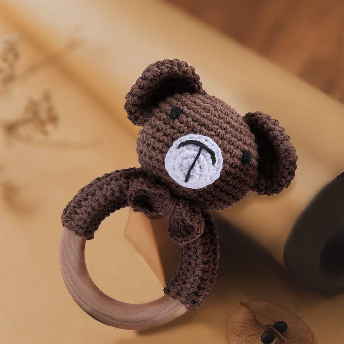 Wooden Teether Crochet Baby Rattle, Crochet Baby Toys, Organic Wooden Newborn Toys, Newborn Animal Rattle Toys,Knitted Stuffed Animals Gifts For Baby, Brown Bear