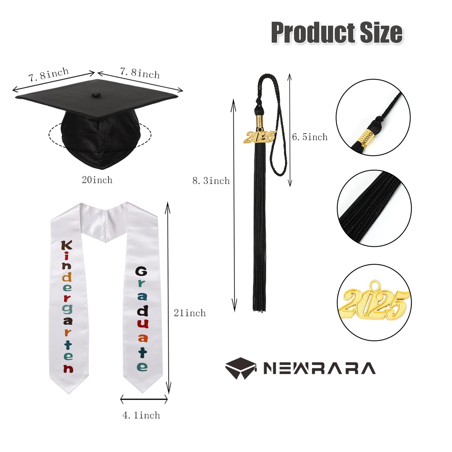 Newrara Kindergarten Graduation Cap and Gown Stole Package for Kids (Black, 33)