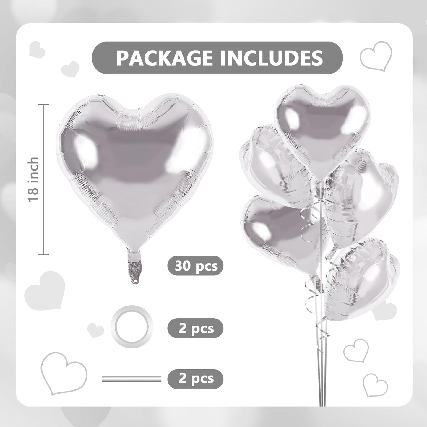 TONIFUL 30Pcs 18 Inch Silver Heart Balloons Silver Heart Shape Foil Mylar Balloons Decoration for Birthday Valentines Day Weddi