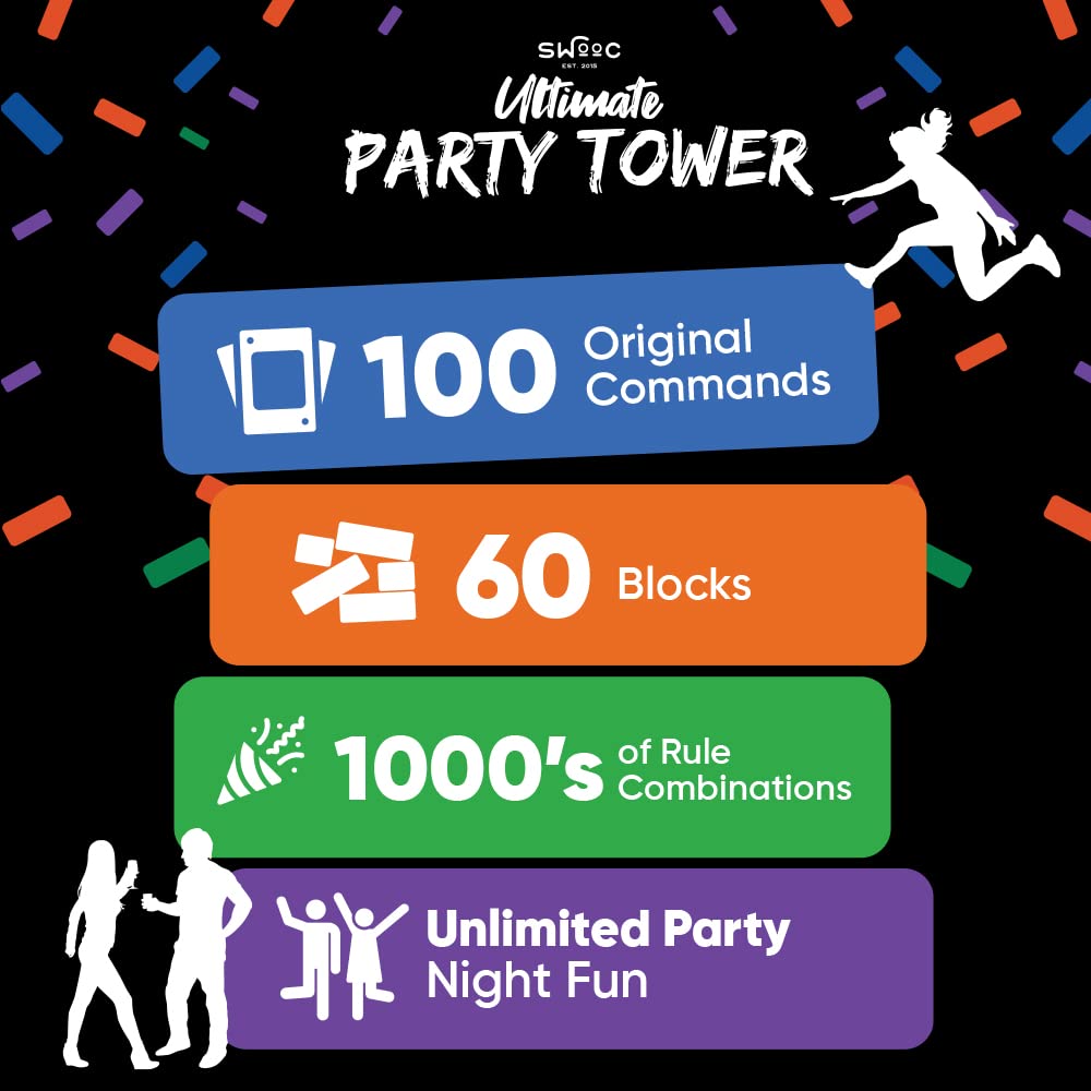 Swooc Games - Ultimate Party Tower - 100 Original Commands, 60 Blocks, & 1000S Of Hilarious Rule Combinations - A Tipsy Spin On Fun Classic Games For Power Hour - Ages 21+ - Wooden Tower Blocks Game
