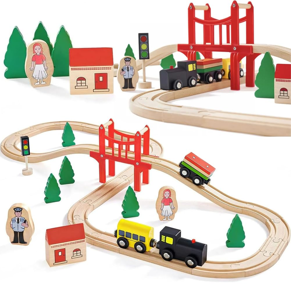 HYPERLIVING Wooden Train Set for Toddler  39 Pcs Wooden Train Track Fits Thomas  Brio  Chuggington  Melissa and Doug - Expandable  Changeable- Train Toy for 3 4 5 Year Old Boys Girls