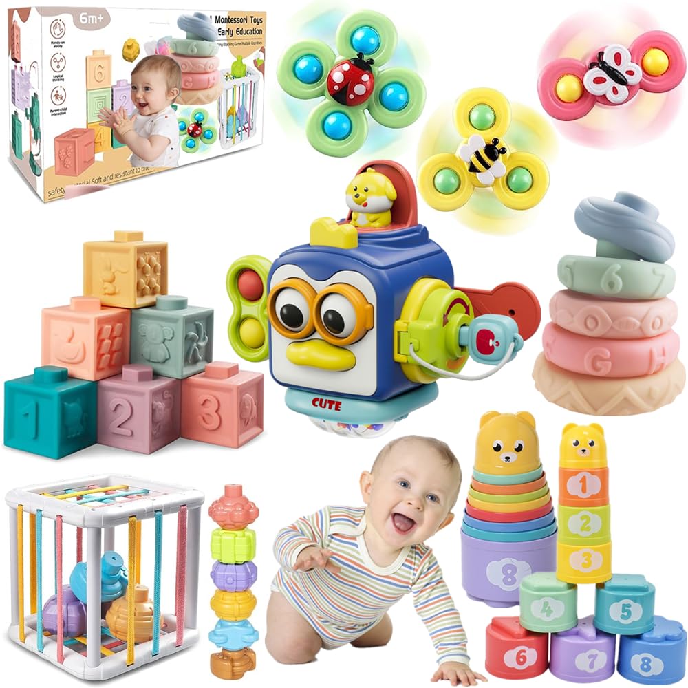 Elleck Baby Toys 6-12 Months, Montessori Toys For Toddlers 1-3 Year Old, Busy Cube Teether Infants Bath Toys 6 In 1 Stacking Blo