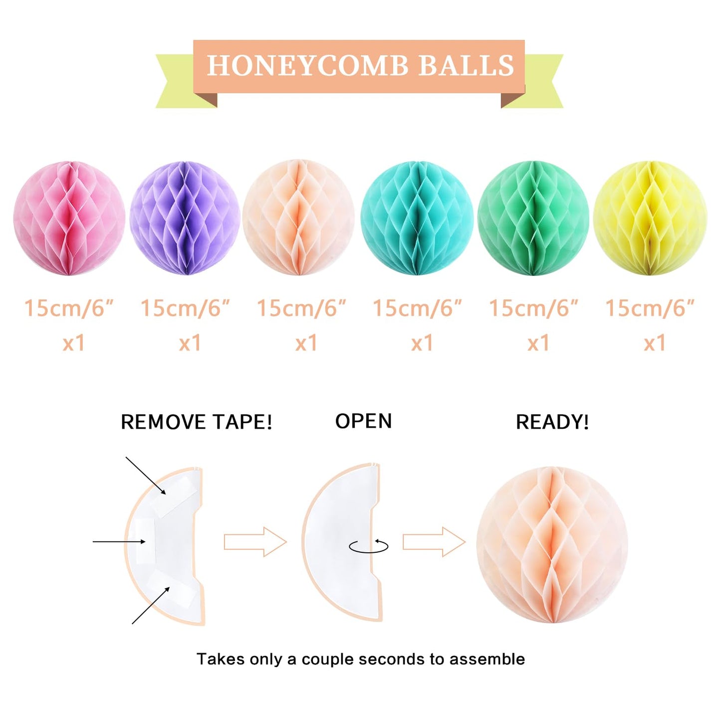 LITAUS, Birthday Decorations, NO DIY - Pack of 17 | Macaron Happy Birthday Banner, Honeycomb Balls, Swirls, Garland | Happy Birt