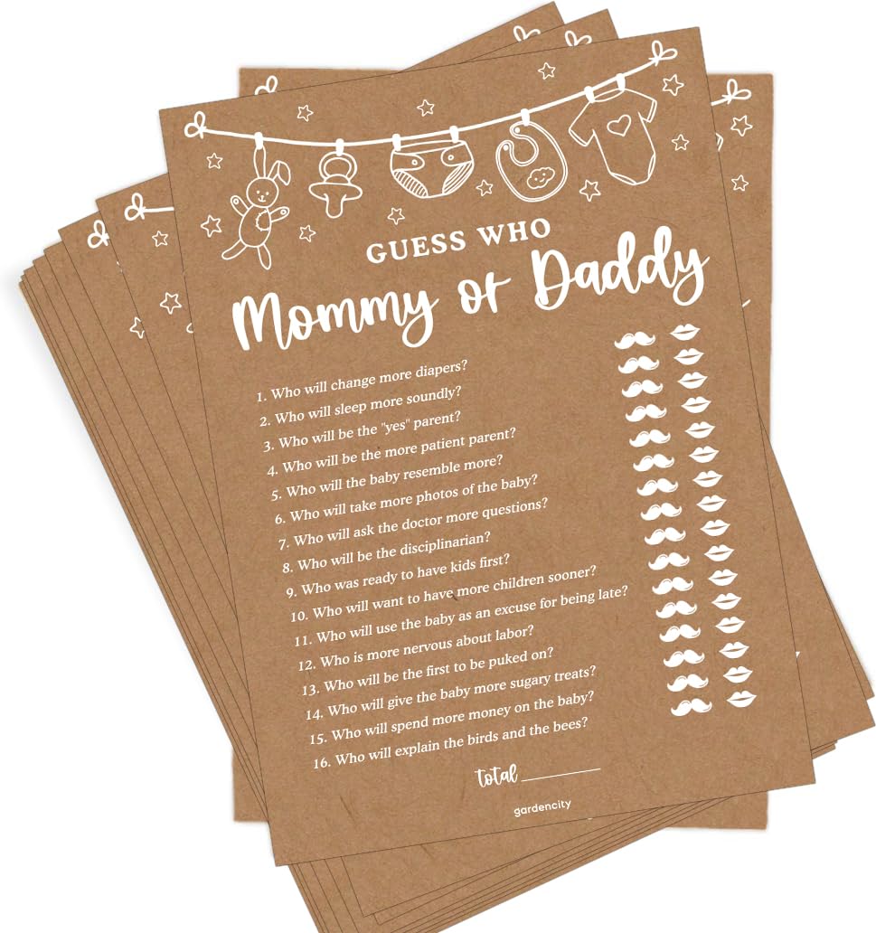 Guess Who Mommy Or Daddy Baby Shower Game, Baby Shower Games For Boy Or Girl, 50 Cards, Kraft Minimalist