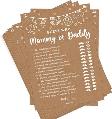 Guess Who Mommy Or Daddy Baby Shower Game, Baby Shower Games For Boy Or Girl, 50 Cards, Kraft Minimalist