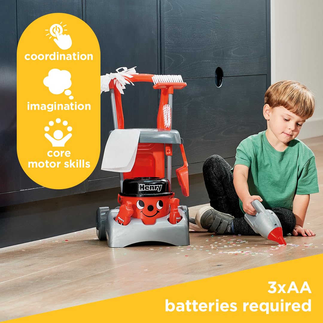 Casdon Henry Deluxe Cleaning Trolley Set - Red Toy Playset with Hand Vacuum - 19.5 x 29 x 48.3 cm - Kids Age 3+