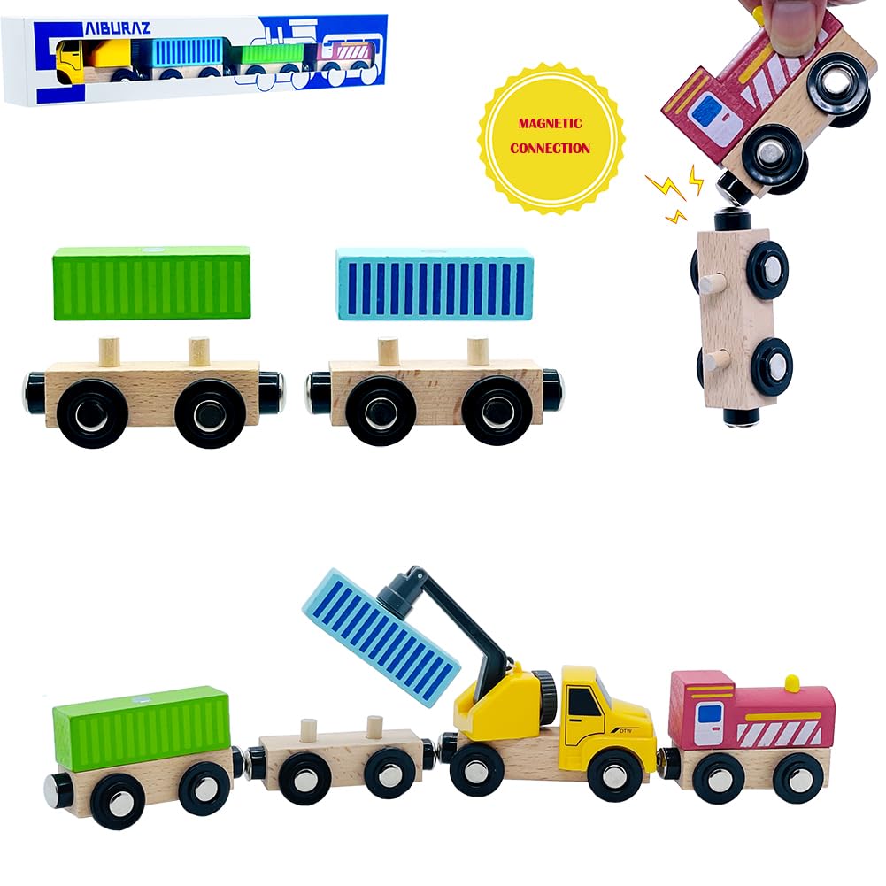 Wooden Trains Cars With Crane Magnetic Train Toys For Wooden Train Tracks Train Sets For Toddlers And Kids Ages 3+ (Crane Train)