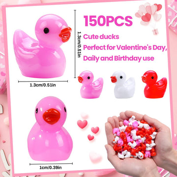 DULEFUN 150pcs Valentines Mini Resin Ducks, Valentine's Day Small Little Resin Ducks Bulk to Hide Tiny Miniature Ducks Figures f