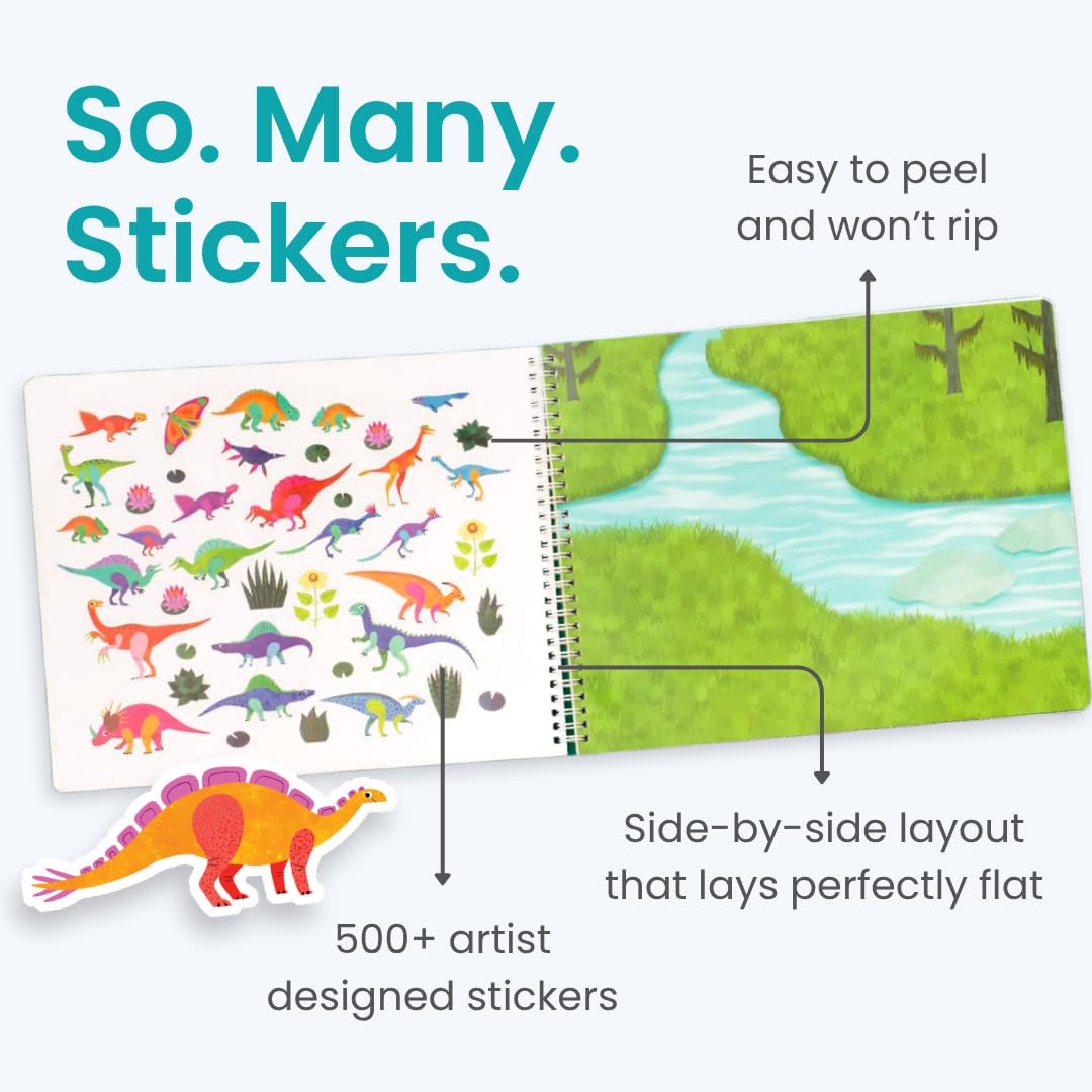 CUPKIN Dinosaur Sticker Book - 500+ Stickers, 12 Scenes & Coloring Pages, Kids Activity, Travel Essentials, Ages 2-8, Paper
