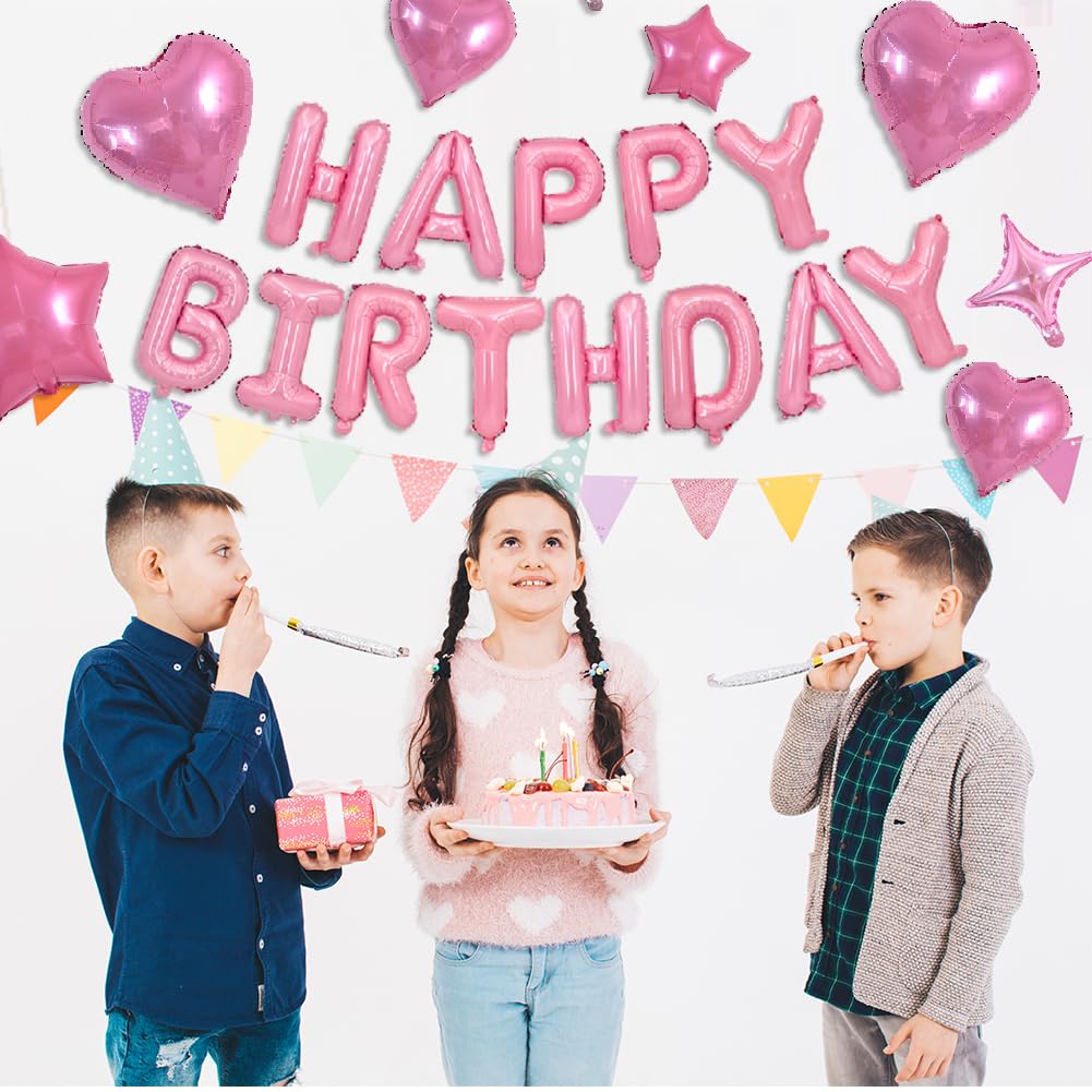 Toniful 35Pcs Light Pink Happy Birthday Decorations 16 Inch Happy Birthday Balloon Banner With Star Balloons Mylar Foil Birthday