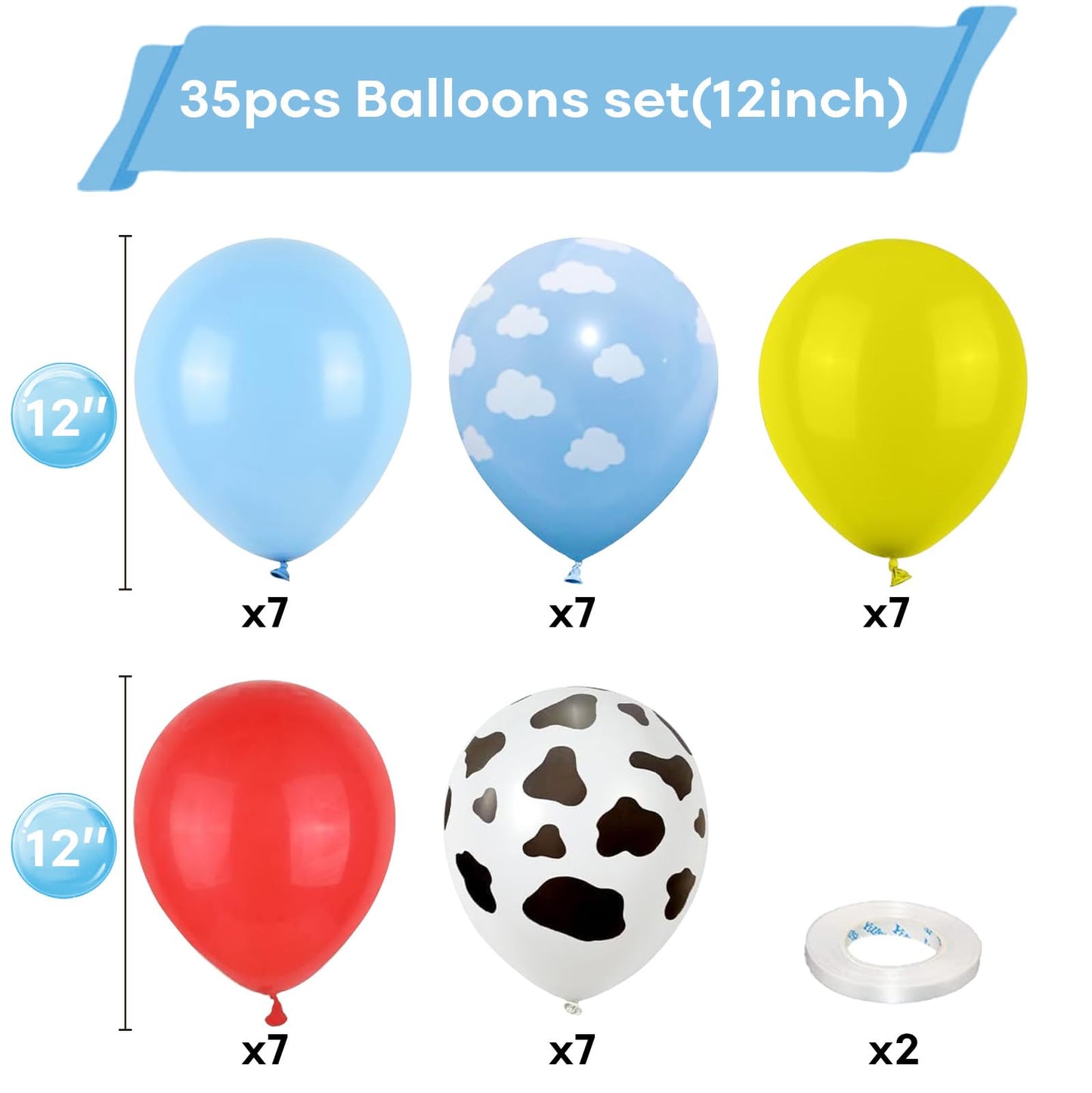 Toy Birthday Theme Balloons, 12 Inch Red Blue Yellow Balloons With Cow Print And Sky Blue Cloud Balloons For Kids Boys Cartoon S