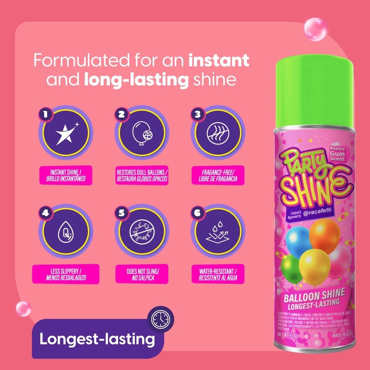 Shiny Fiesta Party Shine Bubble Gum Balloon Spray, 13oz Silicone, Waterproof Non-Slip, Sweet Bubble Gum Scent