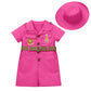 Baby Safari Outfit Wild One Birthday Outfit Girl Short Sleeve Safari Jumpsuit with Hat Toddler Zoo Keeper Costume Rose Red 6-12 