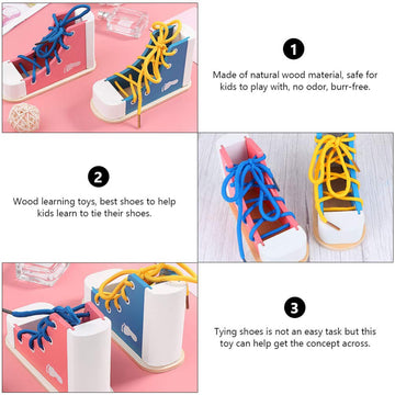 Nuobesty Learn To Tie Shoes Wooden Lacing Shoe Toy Shoelaces Tying Toy Teaching Kit For Kids, Blue