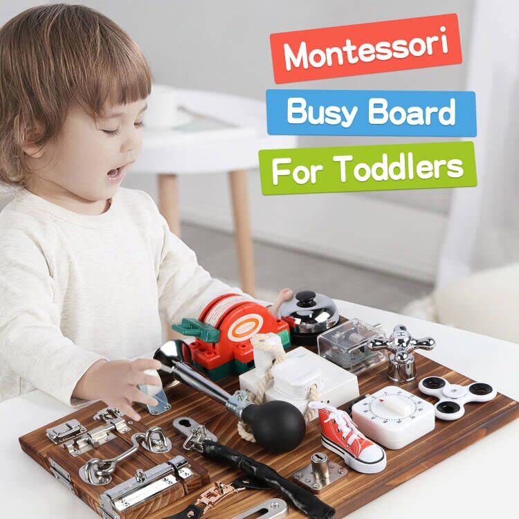 Canuan 20-In-1 Busy Board For Toddlers Travel Toy Activity Board For Fine Motor Skills Busy Board Toys For 3 Years Old Kids With Switch, Locks, Shoe Laces, Music Box