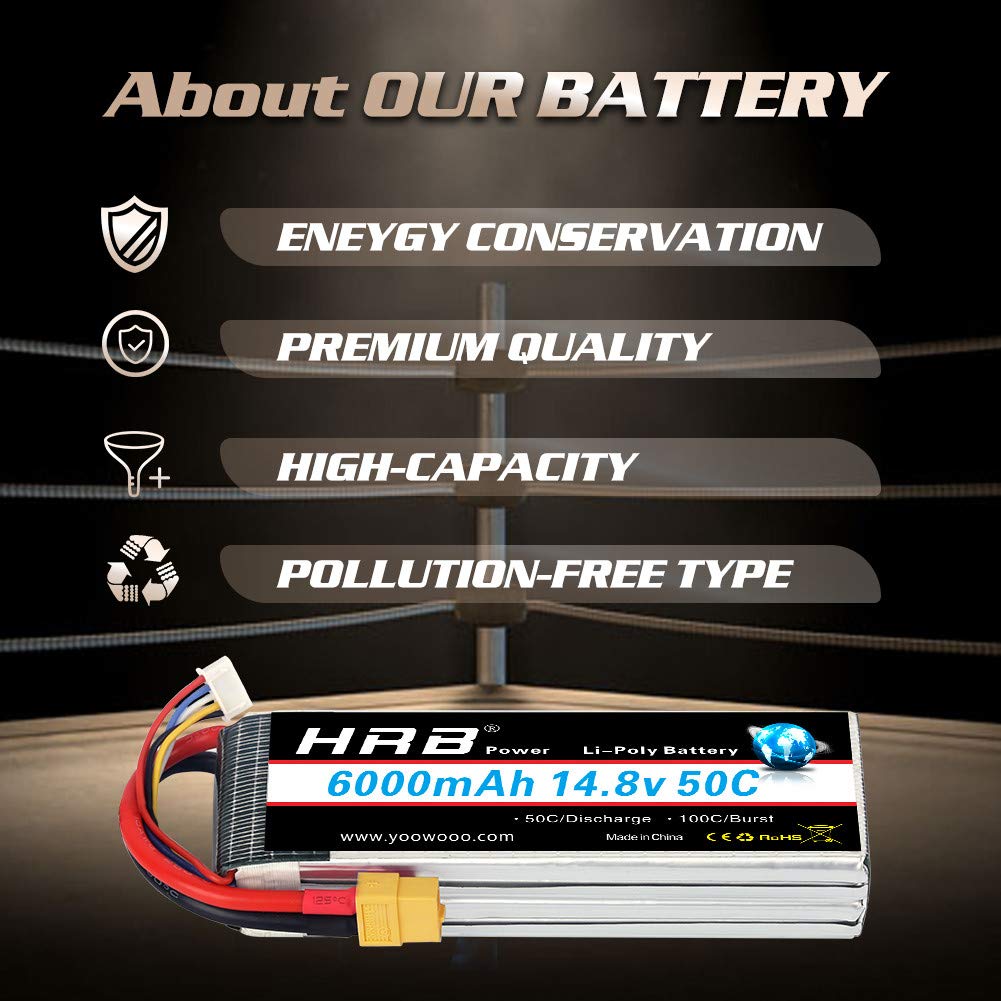 HRB 14.8V 6000mAh 4S Lipo Battery Pack 50C with XT60 Plug for RC Airplane, RC Helicopter, RC Car, RC Truck, RC Boat