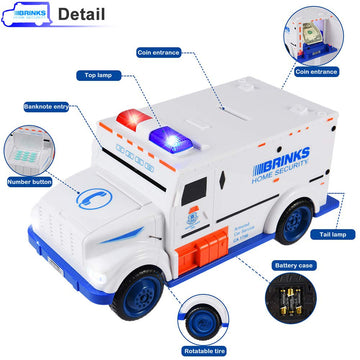 YOEGO Kids Money Bank - Electronic Piggy Bank, Armored Car Design, Mini Size, White - Perfect Gift for Boys & Girls