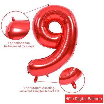 Toniful 40 Inch Red Large Numbers Balloons 0-9, Number 9 Digital 9 Helium Balloons, Foil Mylar Big Number Balloons For Birthday