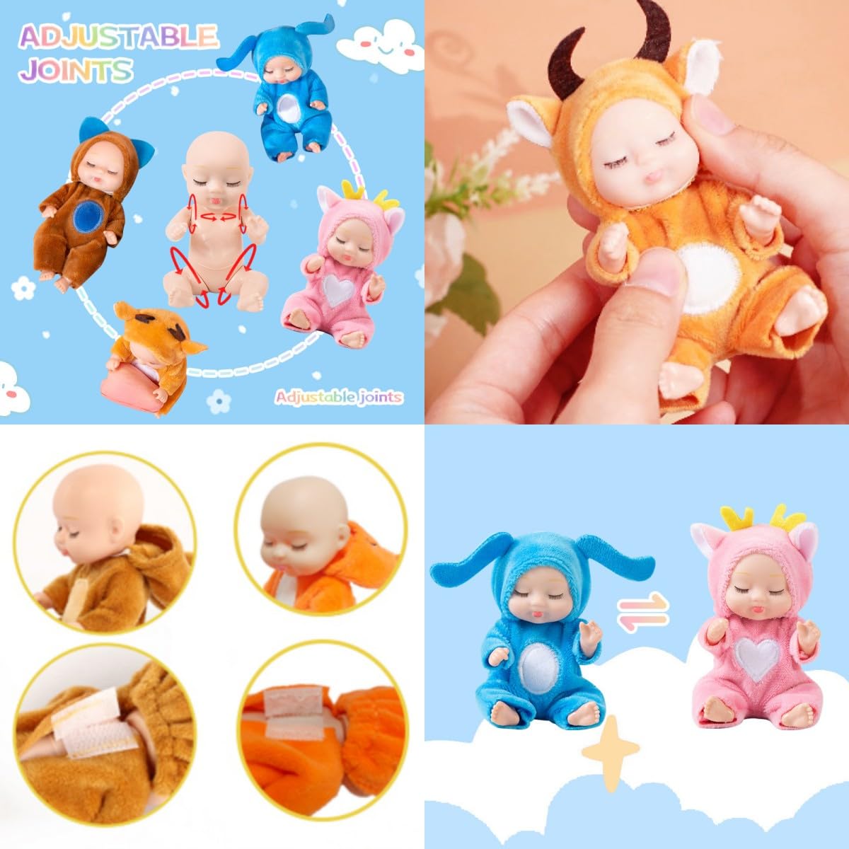 TISDEN 4 Inch Mini Baby Dolls 6pcs Set Realistic Baby Dolls Toys with Cute Handmade Doll Clothes for Suitability Kids 3 and up (Animals)