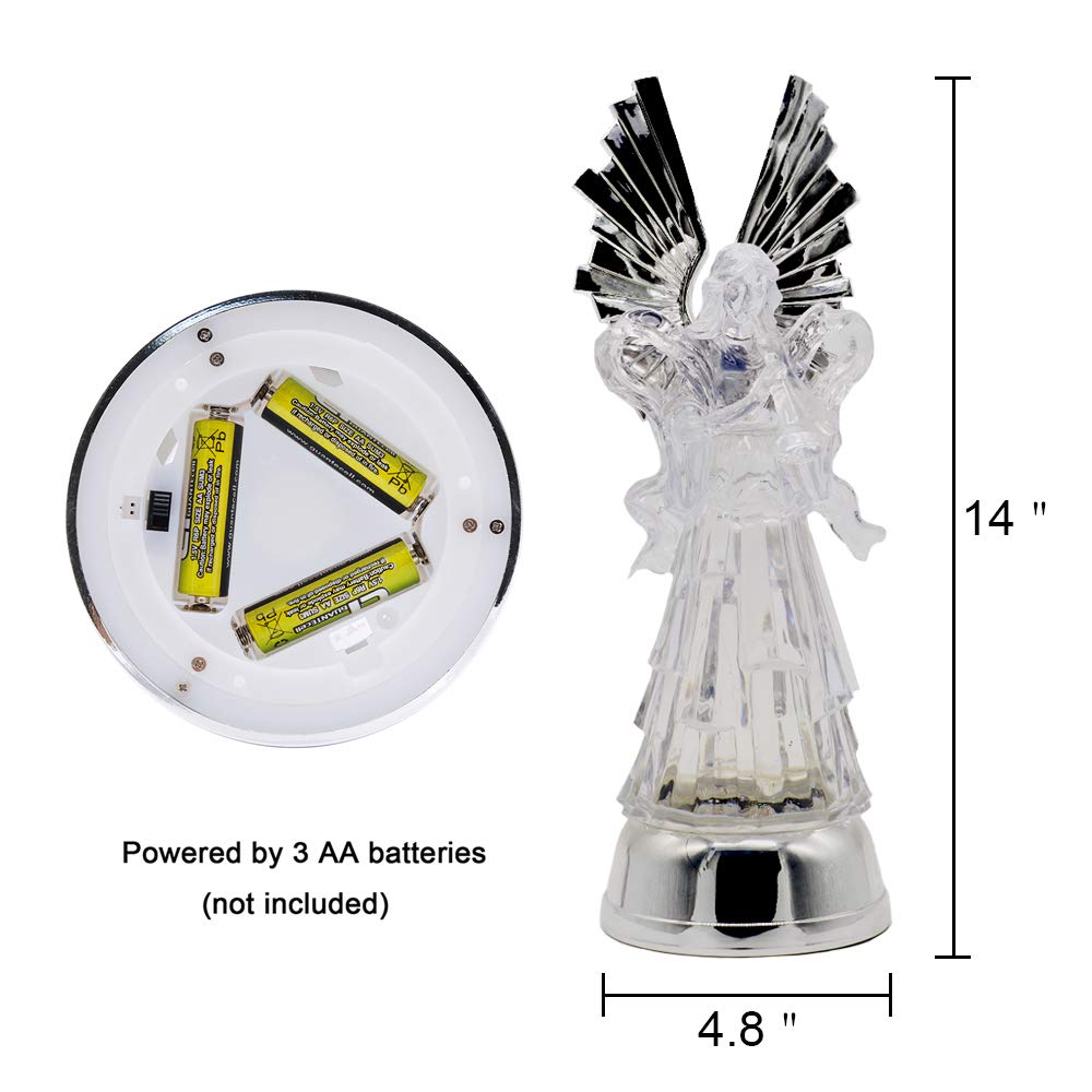 Eldnacele 14" Christmas Snow Globe - Battery Operated Color Changing Angel Figurine with Trumpet for Tabletop Decoration, Model AG001-H