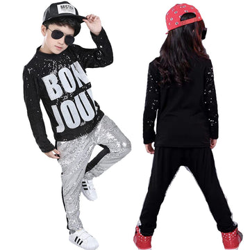 Lolanta Kids Dance Costume Boys Girls Sequins Hip Hop Clothes 80S 90S Outfits Shiny Dress Up Dancewear(Silver,12-14)