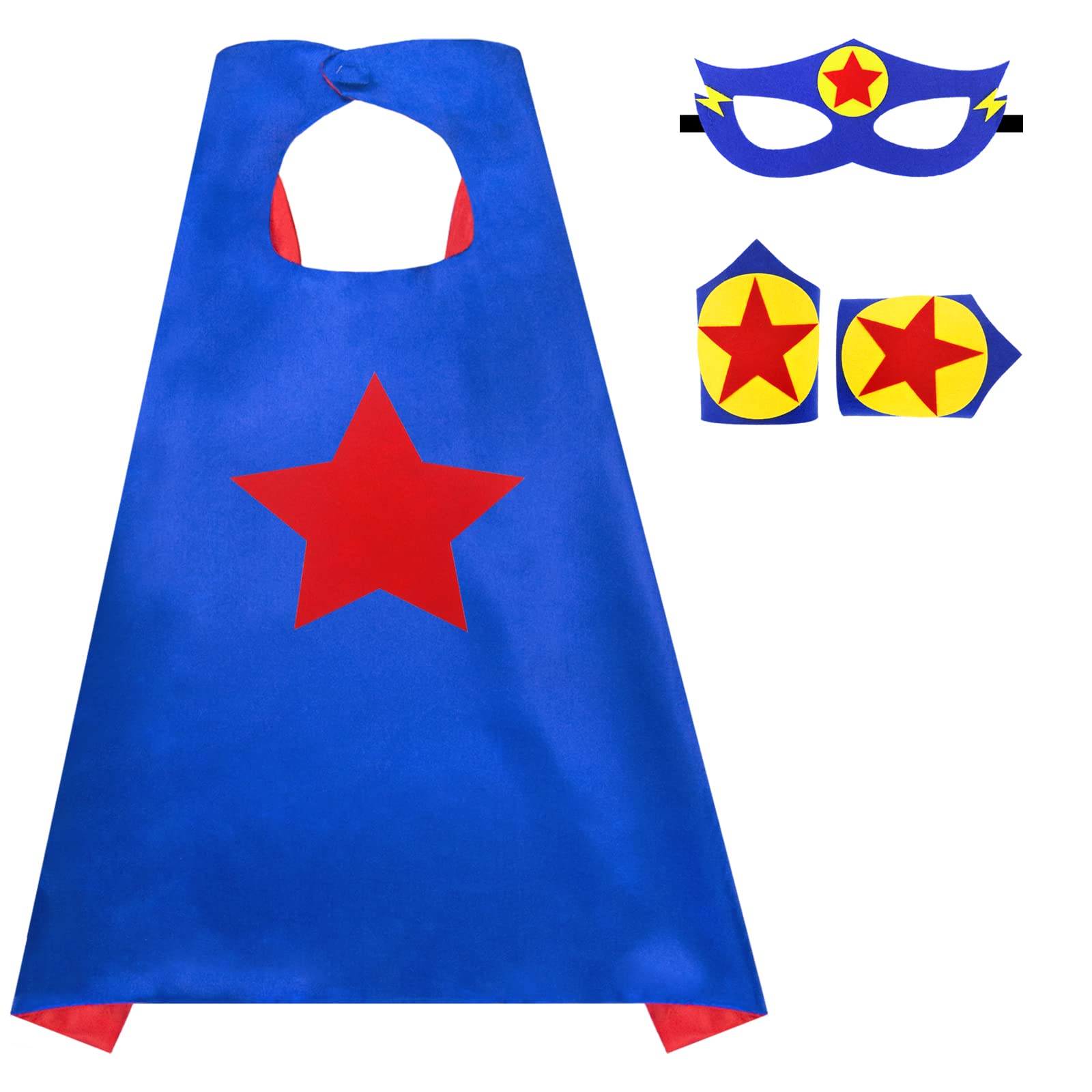 Irolewin Superhero Boys-Girls-Cape And Mask For Kids Super Hero Dress Up Costume Halloween Party Favors Double-Sided (Blue Red Yellow)