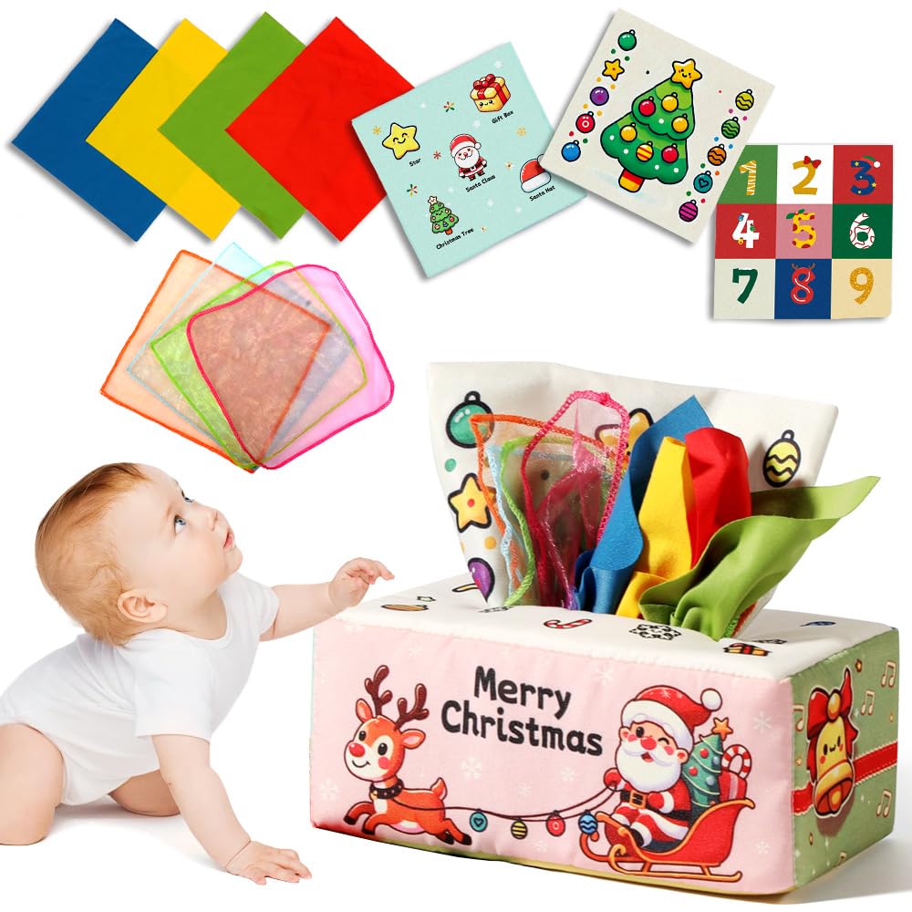 Waybla Christmas Baby Toy For 6-12M – Christmas Tissue Box Sensory Pull Toy With Crinkle Papers, Handkerchiefs & Scarves – Ideal Stocking Stuffer For Toddlers