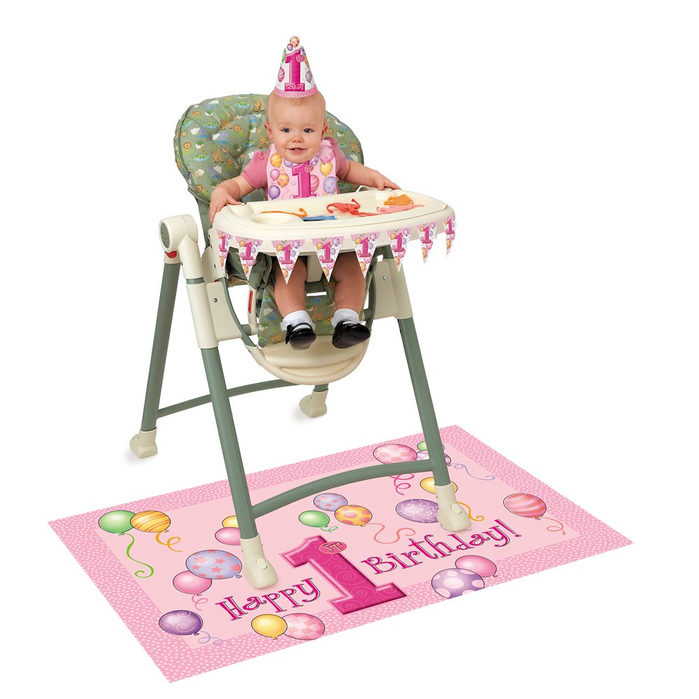 First Birthday Pink Balloons High Chair Kit - (1 Set) | All-Inclusive Decor Bundle with Flag Banner, Floor Mat & Plastic Bib - I