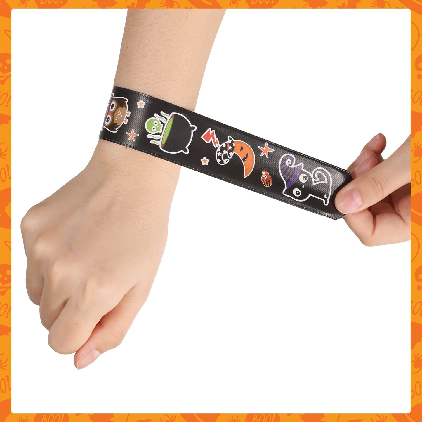 MGparty 72PCS Halloween Slap Bracelets 24 Halloween Theme Designs Spider Pumpkin Ghost Zombie Bat Witches Snap Bracelet for Kids