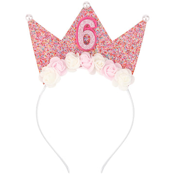 SuPoo Birthday Decorations for Girls - 6th Birthday Headband Crown, Glitter Hair Band, Flower Princess Tiara Hair Accessory for 