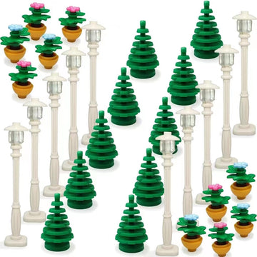 Dspitwod City Street Lamp House Garden Building Accessories With Lights Trees And Flower Pot Block Toys Compatible With Major Br
