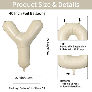 Biapian 40 Inch Letter Y Balloons, Giant Cream Y Foil Balloon, Big Single Alphabet A-Z Balloons, Beige Large Aluminum Y Balloons