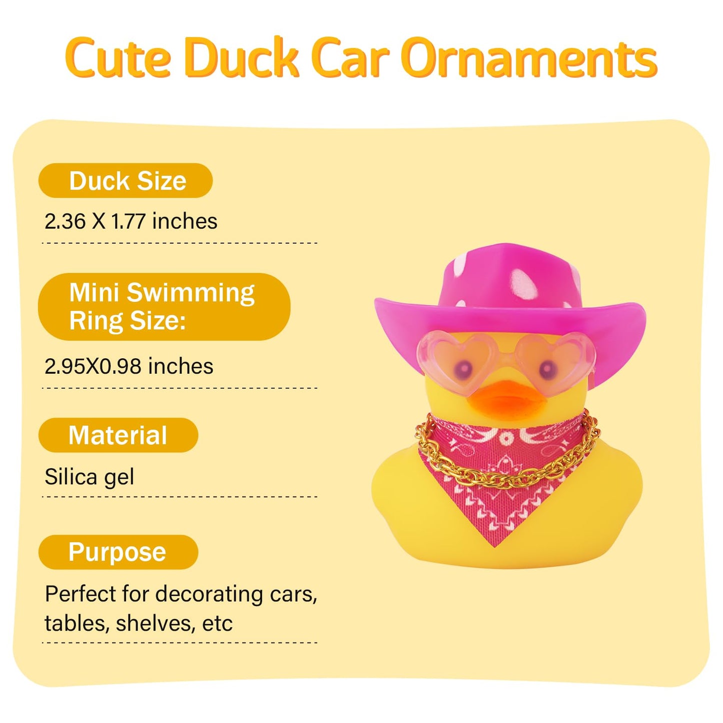 Wonuu Car Rubber Cowboy Duck, Yellow Ducks Decoration Dashboard With Cowboy Hat Necklace Sunglasses, White Spots Pink