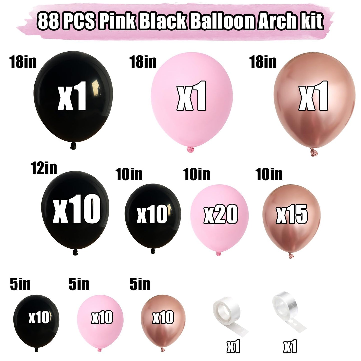 Pink And Black Balloon Arch Kit, Light Pink And Black Balloons Garland With Metallic Rose Gold Balloons, Baby Pink Balloons For