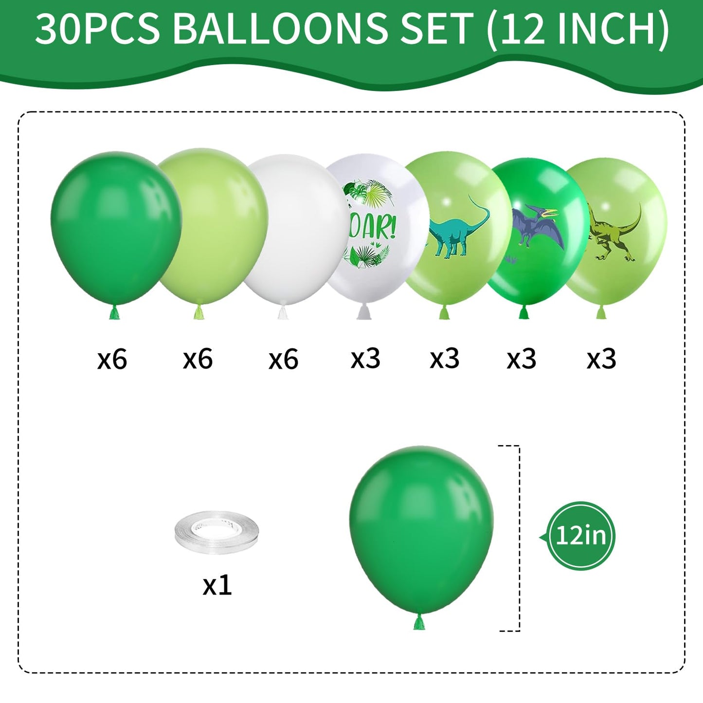 Dinosaur Balloons, 12 Inch Dino Printed Balloons Green White Lime Green Latex Balloons For Birthday Party Jungle Dinosaur Themed
