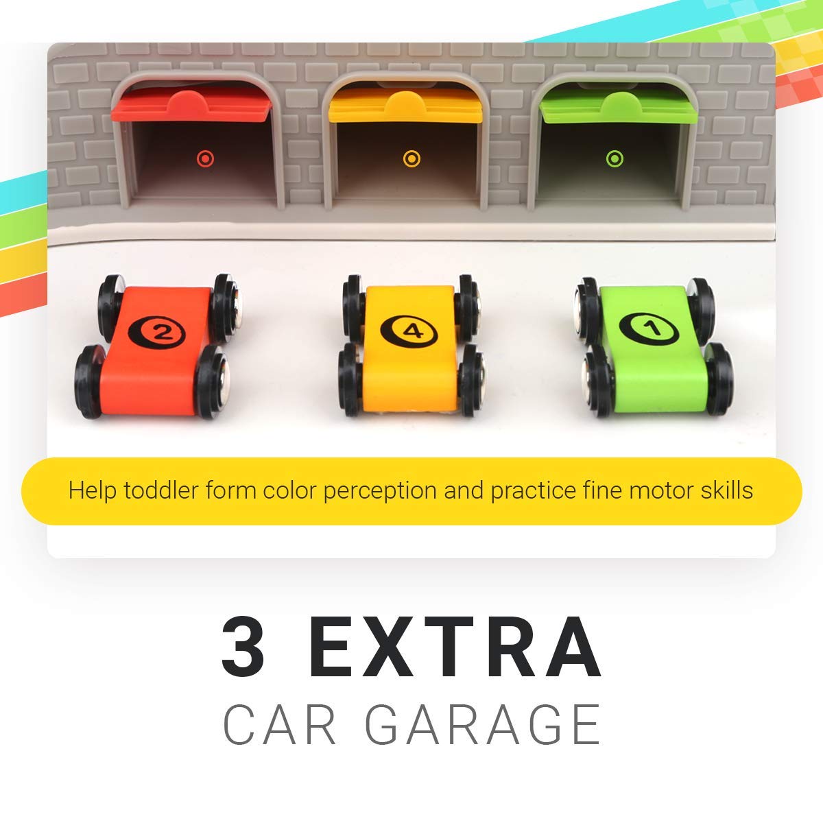 TOP BRIGHT Car Ramp Toy Set for Toddlers - Includes 4 Cars, Parking Lot & Gas Station, Plastic, 5 Car Ramps, Model TB-120402
