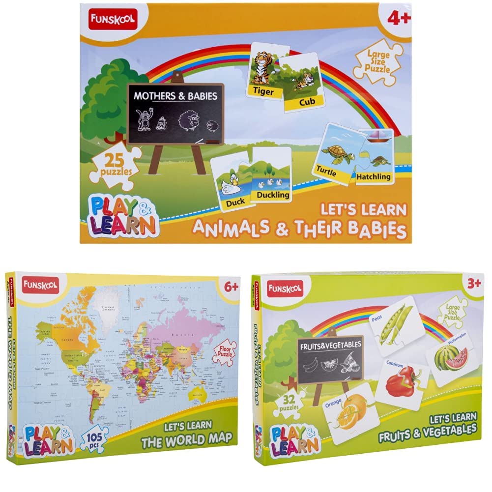 Funskool Play & Learn World Map, Fruits & Vegetables, Animals & Their Babies  Educational Puzzles Set, 105, 32, 25 Pieces
