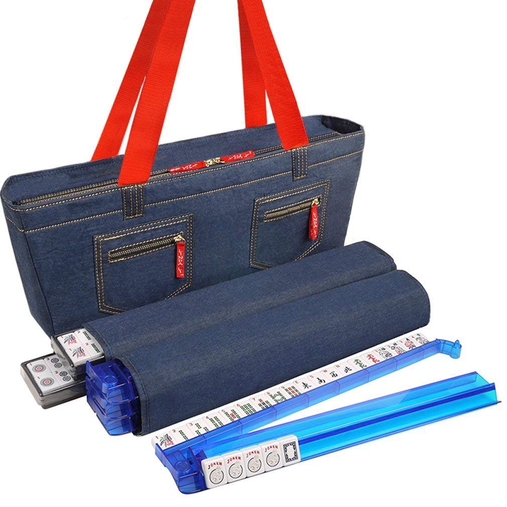 Linda Li New! - American Mah Jongg Set 166 Premium White Tiles, 4 All-In-One Rack/Pushers, Denim Blue Soft Bag - Stylish Full Size Complete Mahjong Set
