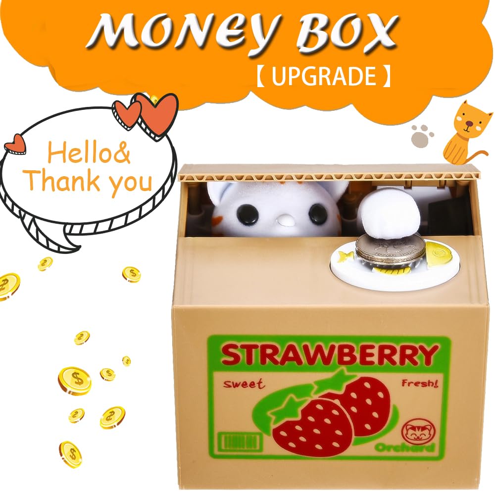 HmiL-U Cat Stealing Money Bank, Large Strawberry Piggy Bank, Cardboard, Model 8803, Automatic Coin Saver Gift for Kids