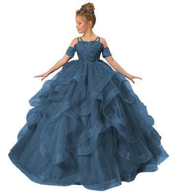 Zpvp Peacock Long Girls Pageant Dress Ruffles Princess Flower Girl Dress Beaded Appliques Tulle Wedding Party Costumes Us4